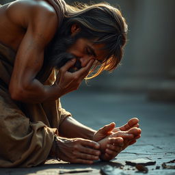 A heartfelt scene depicting a humble, filthy, ragged street beggar kneeling in reverence, kissing the feet of Jesus