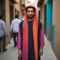 The scene around the casually dressed young Arabic man turns darker, adding a sense of mystery and intriguing contrast to his brightly colored attire.