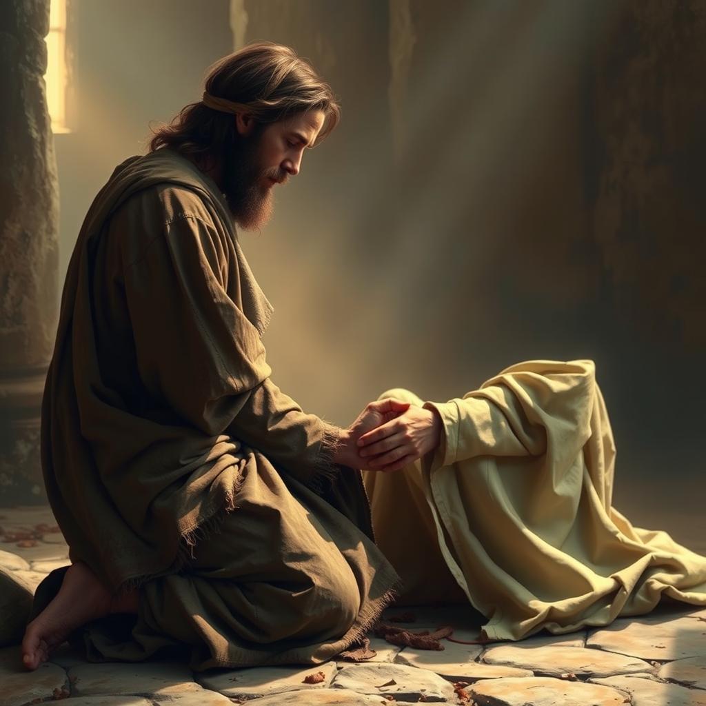 A scene depicting a dirty, scruffy, smelly beggar kneeling and kissing the feet of Jesus, surrounded by a compassionate atmosphere