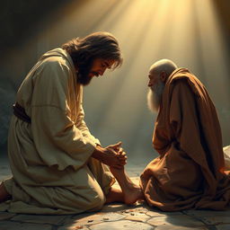 A scene depicting a dirty, scruffy, smelly beggar kneeling and kissing the feet of Jesus, surrounded by a compassionate atmosphere