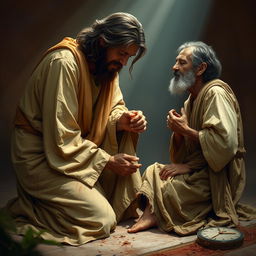 A scene depicting a dirty, scruffy, smelly beggar kneeling and kissing the feet of Jesus, surrounded by a compassionate atmosphere