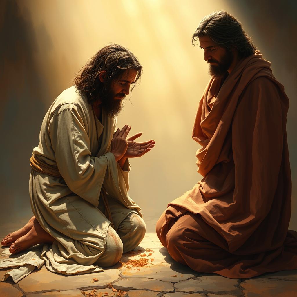 A scene depicting a dirty, scruffy, smelly beggar kneeling and kissing the feet of Jesus, surrounded by a compassionate atmosphere