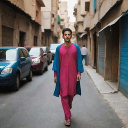 The scene around the casually dressed young Arabic man turns darker, adding a sense of mystery and intriguing contrast to his brightly colored attire.