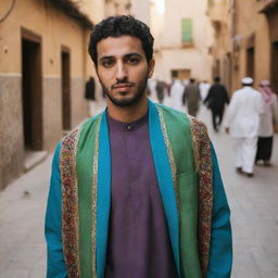 The scene around the casually dressed young Arabic man turns darker, adding a sense of mystery and intriguing contrast to his brightly colored attire.