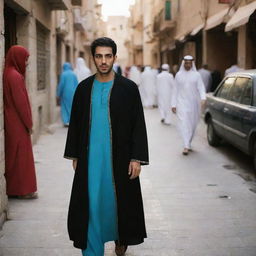 The scene around the casually dressed young Arabic man turns darker, adding a sense of mystery and intriguing contrast to his brightly colored attire.