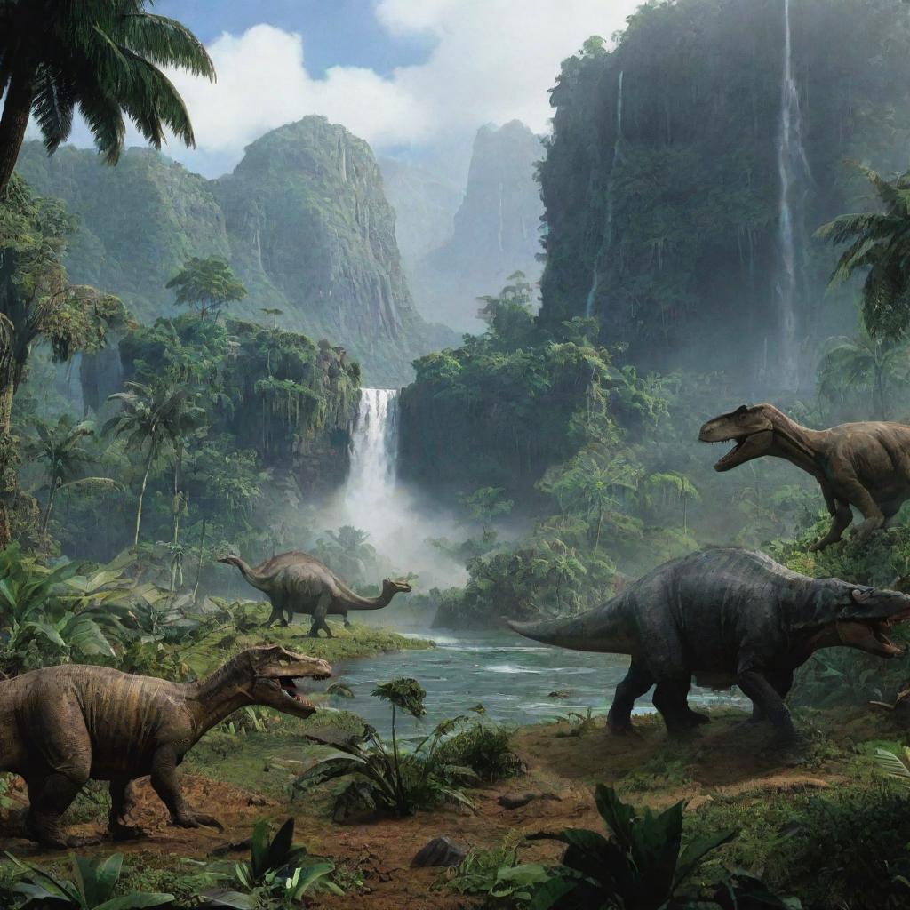 A modified landscape view of Isla Nublar from Jurassic Park, bustling with diverse dinosaur species. Scan the lush rainforests, the towering waterfalls, and spot dinosaurs such as T-Rex, Brachiosaurus, and Velociraptors in their habitats.