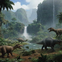 A modified landscape view of Isla Nublar from Jurassic Park, bustling with diverse dinosaur species. Scan the lush rainforests, the towering waterfalls, and spot dinosaurs such as T-Rex, Brachiosaurus, and Velociraptors in their habitats.