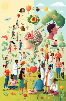 A compelling and informative illustration depicting various aspects of human health, incorporating both mental and physical elements