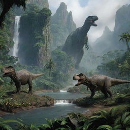 A modified landscape view of Isla Nublar from Jurassic Park, bustling with diverse dinosaur species. Scan the lush rainforests, the towering waterfalls, and spot dinosaurs such as T-Rex, Brachiosaurus, and Velociraptors in their habitats.