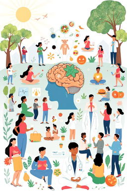 A compelling and informative illustration depicting various aspects of human health, incorporating both mental and physical elements