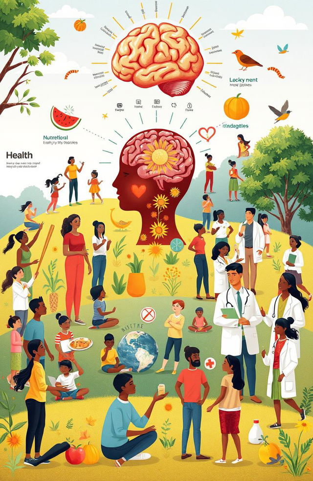 A compelling and informative illustration depicting various aspects of human health, incorporating both mental and physical elements