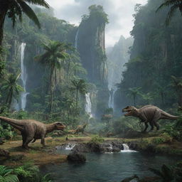 A modified landscape view of Isla Nublar from Jurassic Park, bustling with diverse dinosaur species. Scan the lush rainforests, the towering waterfalls, and spot dinosaurs such as T-Rex, Brachiosaurus, and Velociraptors in their habitats.