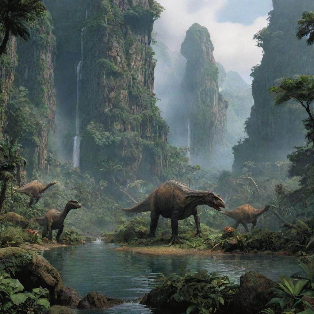 A modified landscape view of Isla Nublar from Jurassic Park, bustling with diverse dinosaur species. Scan the lush rainforests, the towering waterfalls, and spot dinosaurs such as T-Rex, Brachiosaurus, and Velociraptors in their habitats.