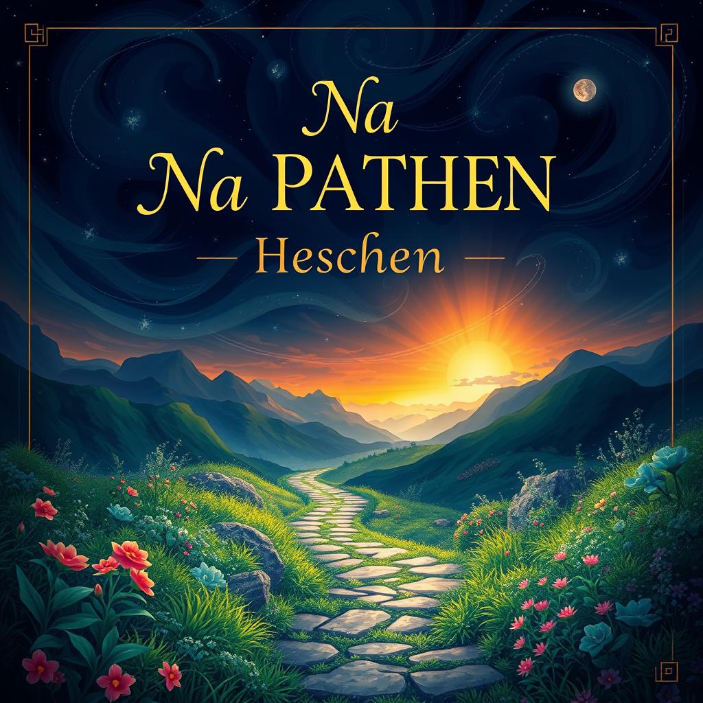 A captivating book cover design for the title "Na PATHEN Hechen in", featuring an abstract and mystical landscape