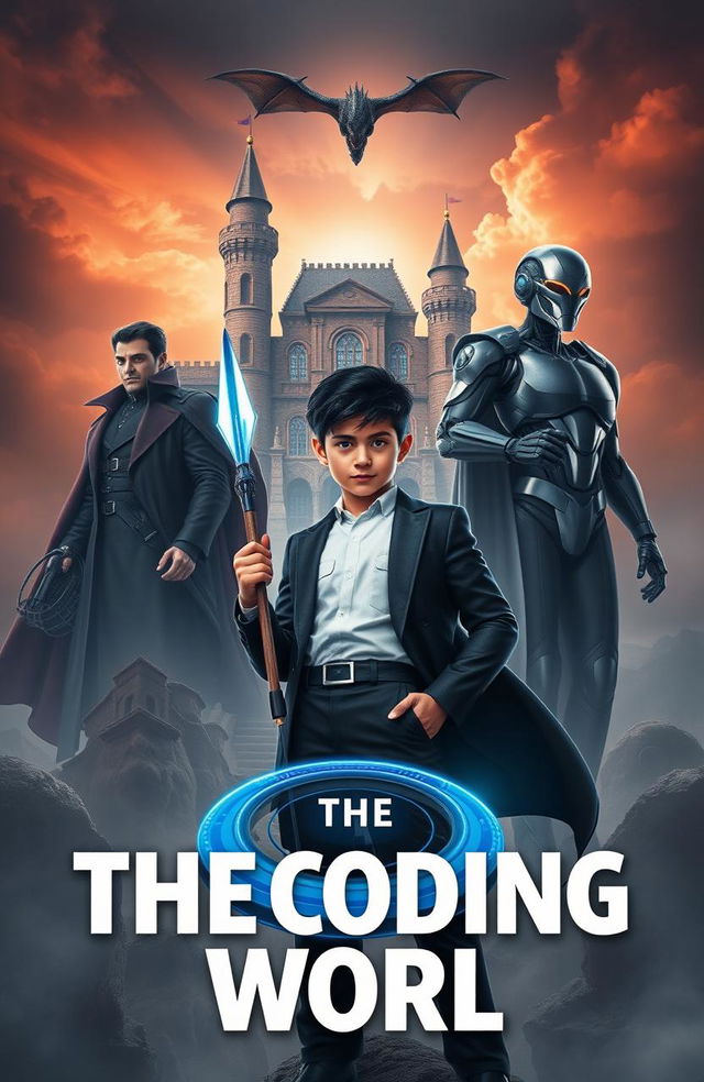 A captivating book cover titled **The Coding World** featuring a mature-looking 15-year-old boy holding a futuristic spear in his right hand, poised against a dramatic backdrop