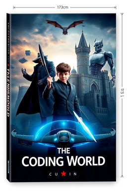 A captivating book cover titled **The Coding World** featuring a mature-looking 15-year-old boy holding a futuristic spear in his right hand, poised against a dramatic backdrop