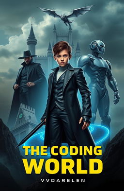 A captivating book cover titled **The Coding World** featuring a mature-looking 15-year-old boy holding a futuristic spear in his right hand, poised against a dramatic backdrop