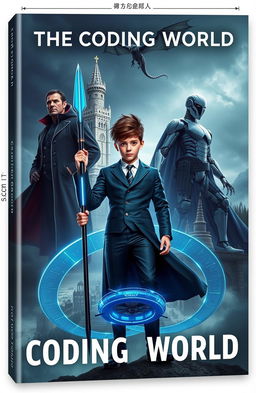 A captivating book cover titled **The Coding World** featuring a mature-looking 15-year-old boy holding a futuristic spear in his right hand, poised against a dramatic backdrop