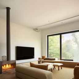 A rectangular living room with a warm fireplace and a sleek television. Windows adorn one corner, filling the space with natural light. An L-shaped couch and a plush chair provide a cozy seating area.