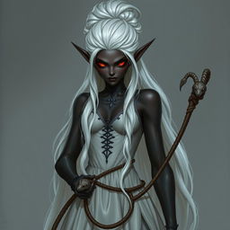 A dark-skinned elf resembling Cinderella, with long white hair styled in an intricate updo