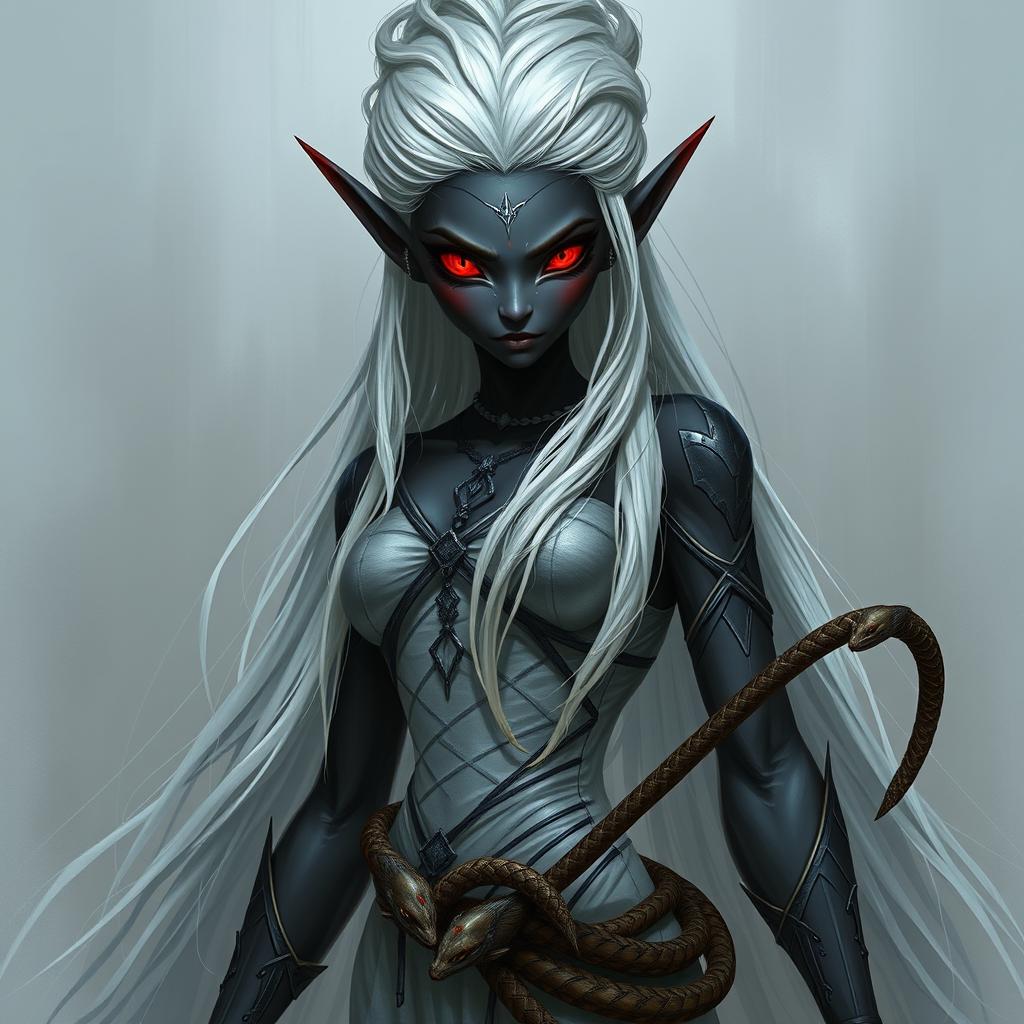 A dark-skinned elf resembling Cinderella, with long white hair styled in an intricate updo