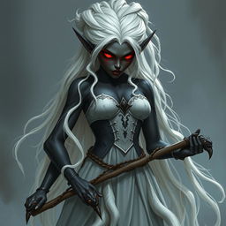 A dark-skinned elf resembling Cinderella, with long white hair styled in an intricate updo