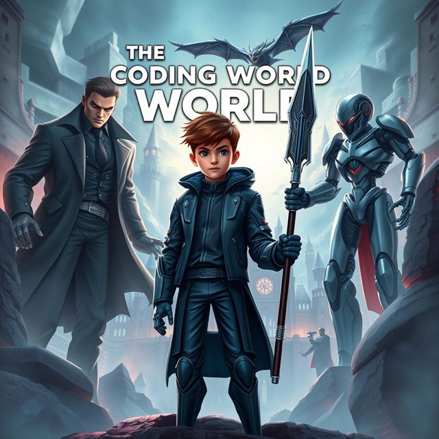 An exciting book cover for **The Coding World** featuring a mature-looking 15-year-old boy standing confidently with a futuristic spear, designed to destroy code monsters, held in his right hand