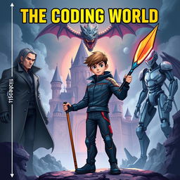 An exciting book cover for **The Coding World** featuring a mature-looking 15-year-old boy standing confidently with a futuristic spear, designed to destroy code monsters, held in his right hand