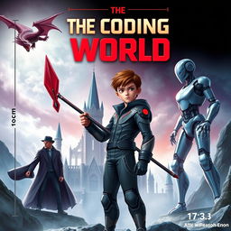 An exciting book cover for **The Coding World** featuring a mature-looking 15-year-old boy standing confidently with a futuristic spear, designed to destroy code monsters, held in his right hand