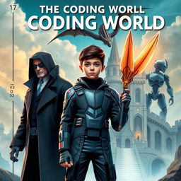 An exciting book cover for **The Coding World** featuring a mature-looking 15-year-old boy standing confidently with a futuristic spear, designed to destroy code monsters, held in his right hand