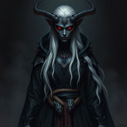 A fearsome dark elf with black, burnt skin and long white hair