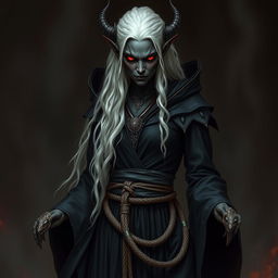 A fearsome dark elf with black, burnt skin and long white hair