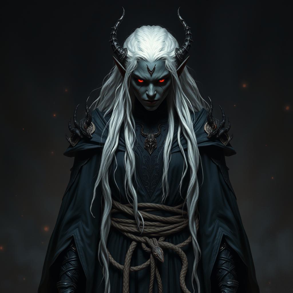 A fearsome dark elf with black, burnt skin and long white hair