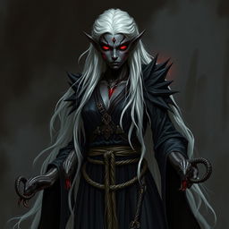 A fearsome dark elf with black, burnt skin and long white hair