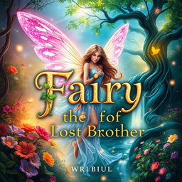 A captivating book cover for 'Fairy the Lost Brother', featuring a mystical fairy with iridescent wings surrounded by a fantastical forest filled with vibrant flowers and shimmering lights