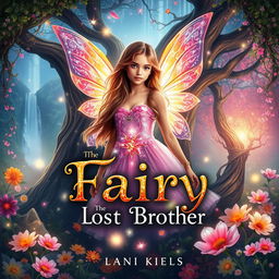 A captivating book cover for 'Fairy the Lost Brother', featuring a mystical fairy with iridescent wings surrounded by a fantastical forest filled with vibrant flowers and shimmering lights