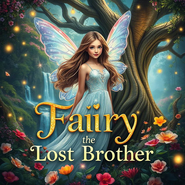 A captivating book cover for 'Fairy the Lost Brother', featuring a mystical fairy with iridescent wings surrounded by a fantastical forest filled with vibrant flowers and shimmering lights