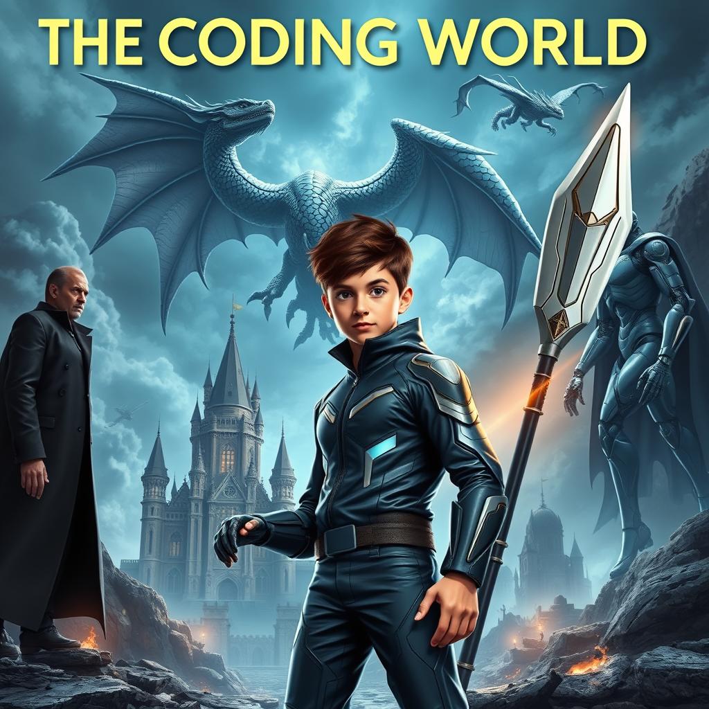 An enthralling book cover for **The Coding World** featuring a mature-looking 15-year-old boy standing boldly, holding a futuristic spear (not separated from his body) that is designed to destroy code monsters