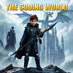 An enthralling book cover for **The Coding World** featuring a mature-looking 15-year-old boy standing boldly, holding a futuristic spear (not separated from his body) that is designed to destroy code monsters