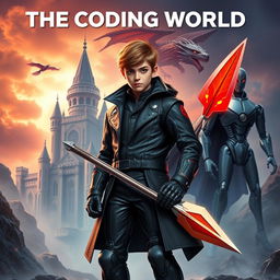 An enthralling book cover for **The Coding World** featuring a mature-looking 15-year-old boy standing boldly, holding a futuristic spear (not separated from his body) that is designed to destroy code monsters