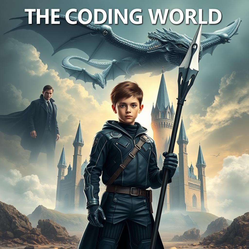 An enthralling book cover for **The Coding World** featuring a mature-looking 15-year-old boy standing boldly, holding a futuristic spear (not separated from his body) that is designed to destroy code monsters