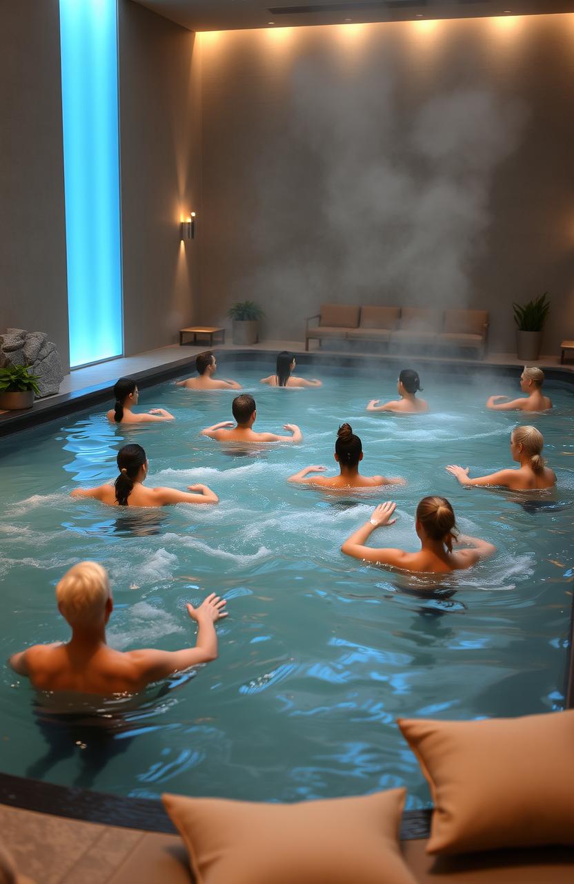 An indoor hydrotherapy pool designed for relaxation and healing, with warm water and gentle waves