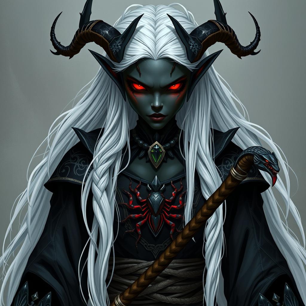 A dark elf character with black skin resembling Cinderella, featuring long white hair, exhibiting a strong and intimidating appearance