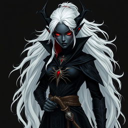 A dark elf character with black skin resembling Cinderella, featuring long white hair, exhibiting a strong and intimidating appearance