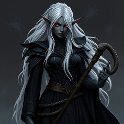 A dark elf character with black skin resembling Cinderella, featuring long white hair, exhibiting a strong and intimidating appearance