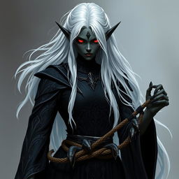 A dark elf character with black skin resembling Cinderella, featuring long white hair, exhibiting a strong and intimidating appearance