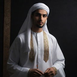 Reverting to the original image, the young Arabic man is once again seen in his traditional attire, set against the darker atmosphere.