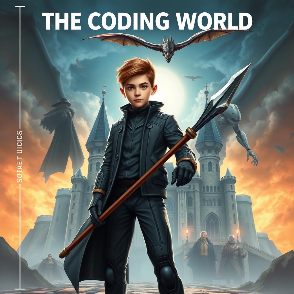 An engaging book cover for **The Coding World** featuring a mature-looking 15-year-old boy standing confidently with a futuristic spear, designed to destroy code monsters, held firmly in his right hand