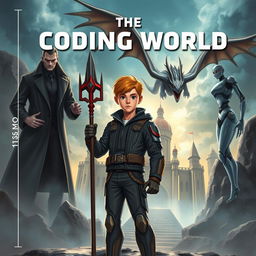 An engaging book cover for **The Coding World** featuring a mature-looking 15-year-old boy standing confidently with a futuristic spear, designed to destroy code monsters, held firmly in his right hand