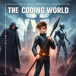 An engaging book cover for **The Coding World** featuring a mature-looking 15-year-old boy standing confidently with a futuristic spear, designed to destroy code monsters, held firmly in his right hand